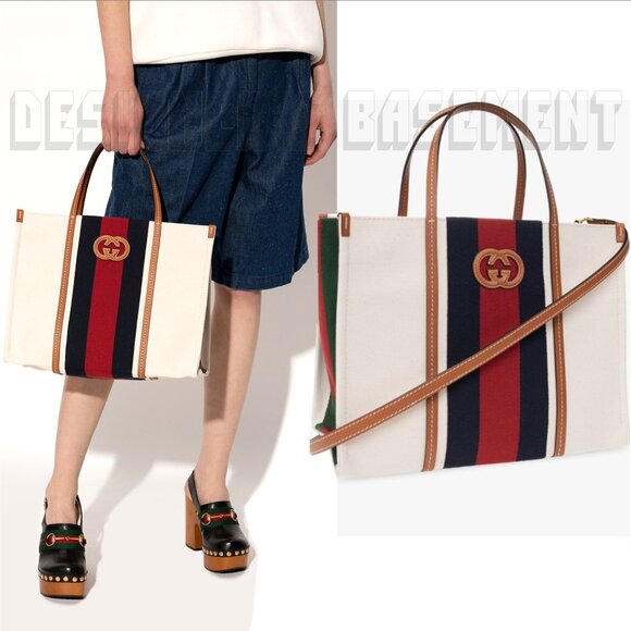 GUCCI white Canvas w/ cognac Leather Interlocking G WEB Medium Shopping Tote Bag - Picture 10 of 12
